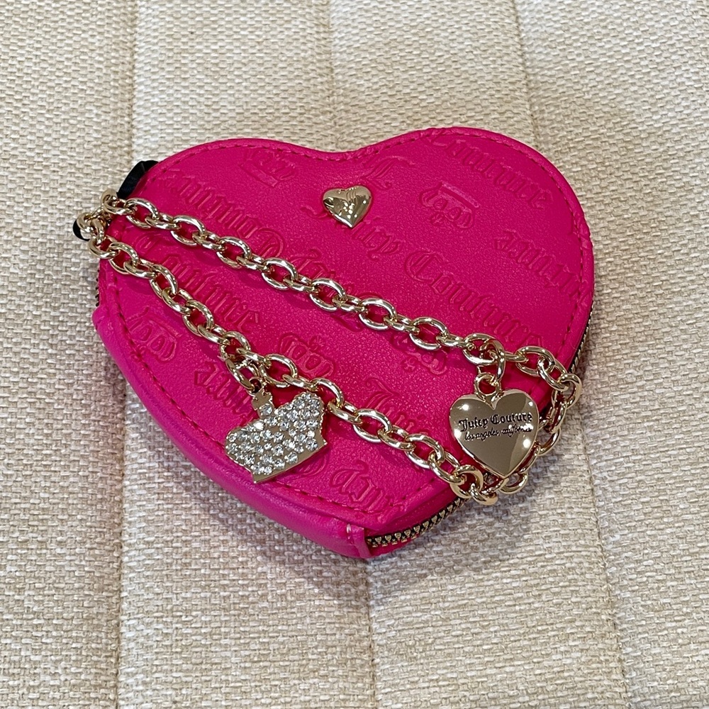 NEW Juicy Couture Hot Pink Heart Coin Purse Embossed Logo Chain Wristlet NWT